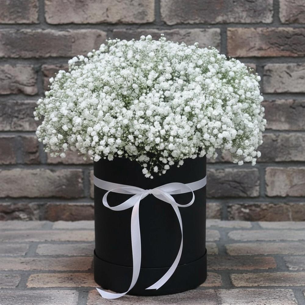 Цветочная композиция из Гипсофила в шляпной коробке в Нефтегорске Самарской области