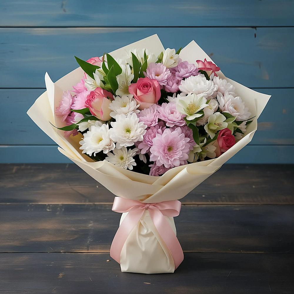 Букет цветов из: Хризантемы, Альстромерии и Розы в Нефтегорске Самарской области